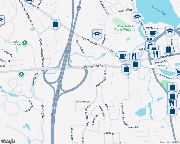 map of restaurants, bars, coffee shops, grocery stores, and more near 250B Centerville Road in Warwick