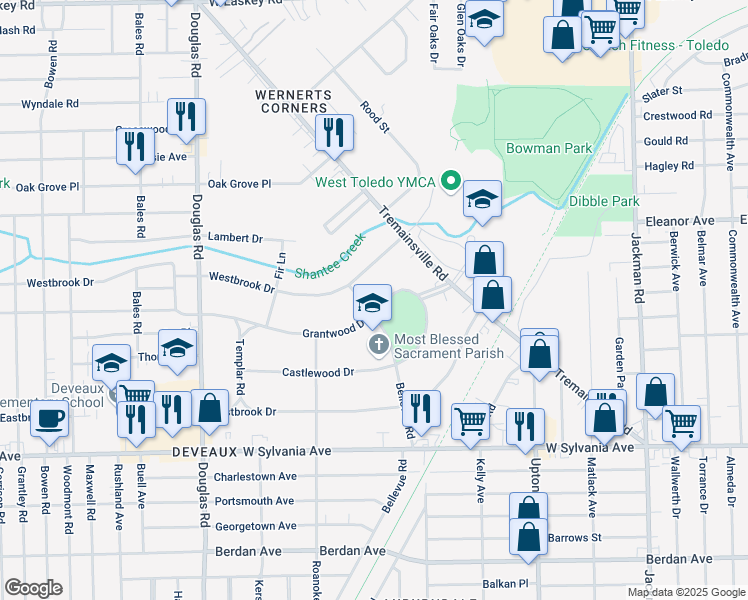 map of restaurants, bars, coffee shops, grocery stores, and more near 2148 Grantwood Drive in Toledo