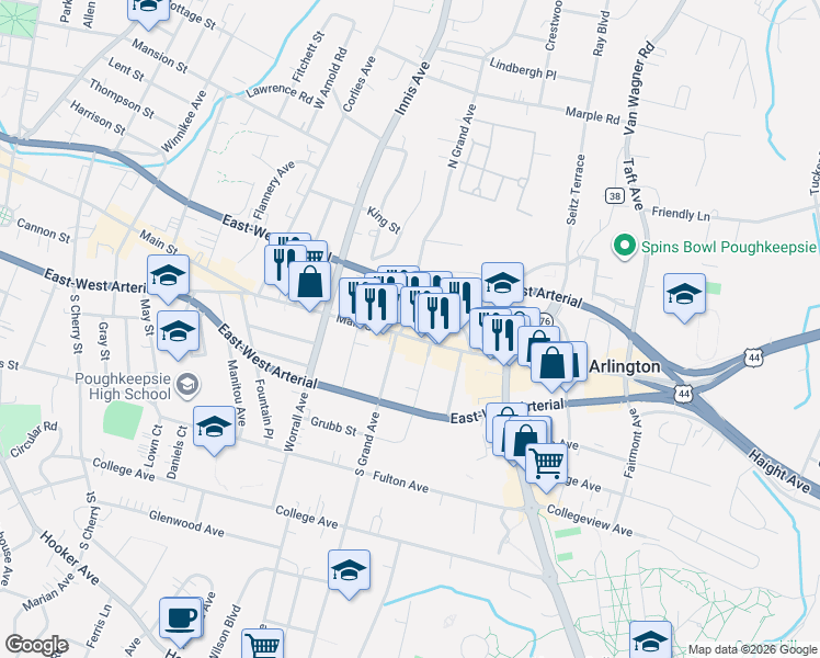 map of restaurants, bars, coffee shops, grocery stores, and more near 743 Main Street in Arlington