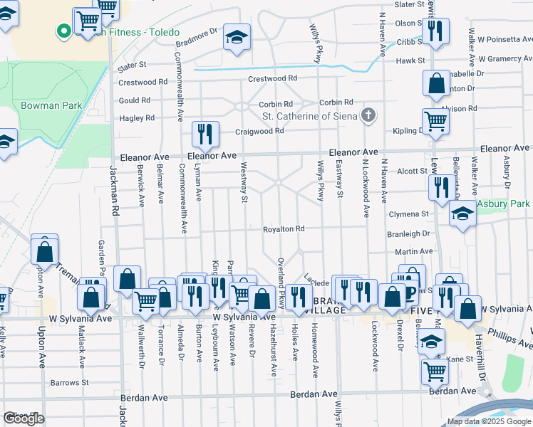 map of restaurants, bars, coffee shops, grocery stores, and more near 4324 Birchall Road in Toledo