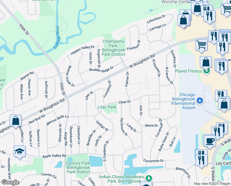 map of restaurants, bars, coffee shops, grocery stores, and more near 4 Forsythia Court in Bolingbrook