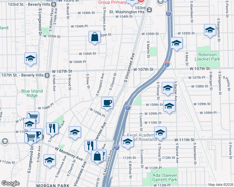 map of restaurants, bars, coffee shops, grocery stores, and more near 10834 South Vincennes Avenue in Chicago