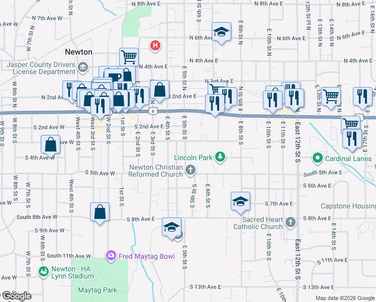map of restaurants, bars, coffee shops, grocery stores, and more near 316 East 5th Street South in Newton