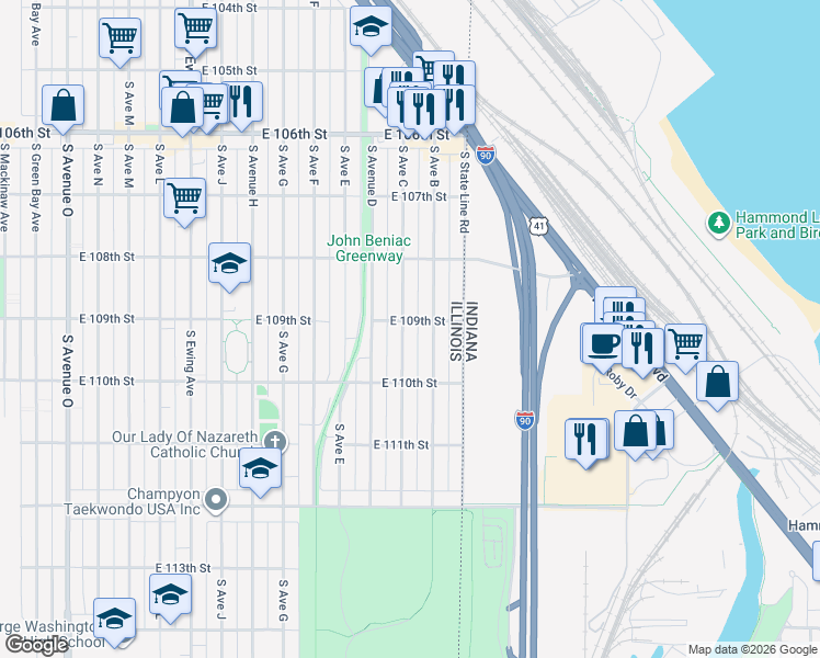 map of restaurants, bars, coffee shops, grocery stores, and more near 10905 South Avenue C in Chicago