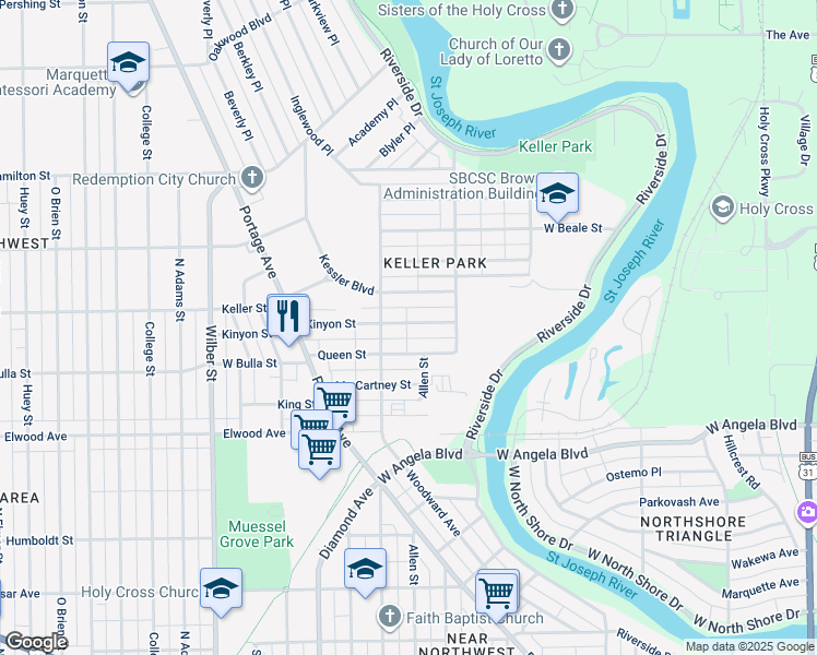 map of restaurants, bars, coffee shops, grocery stores, and more near 1114 Kinyon Street in South Bend