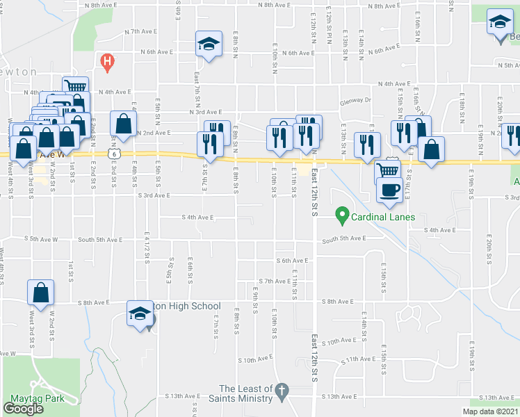 map of restaurants, bars, coffee shops, grocery stores, and more near 9 Southampton Court in Newton