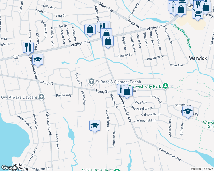 map of restaurants, bars, coffee shops, grocery stores, and more near 31 Burnside Street in Warwick