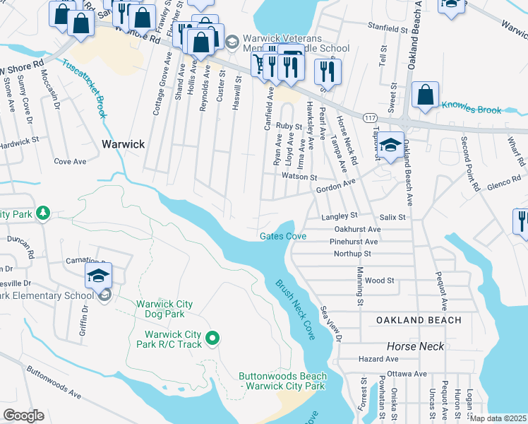 map of restaurants, bars, coffee shops, grocery stores, and more near 31 Canfield Ct in Warwick
