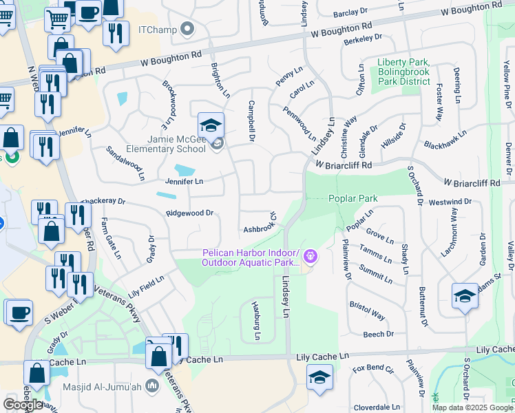 map of restaurants, bars, coffee shops, grocery stores, and more near 1008 Ashbrook Circle in Bolingbrook