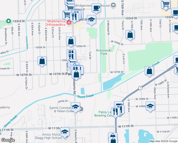 map of restaurants, bars, coffee shops, grocery stores, and more near 10648 Tod Drive in Palos Hills