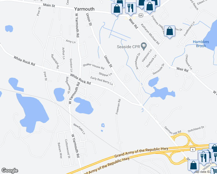 map of restaurants, bars, coffee shops, grocery stores, and more near 76 White Rock Road in Yarmouth