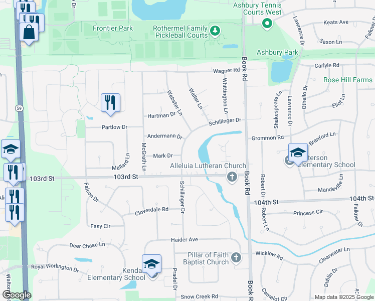 map of restaurants, bars, coffee shops, grocery stores, and more near 11S707 Schillinger Drive in Naperville