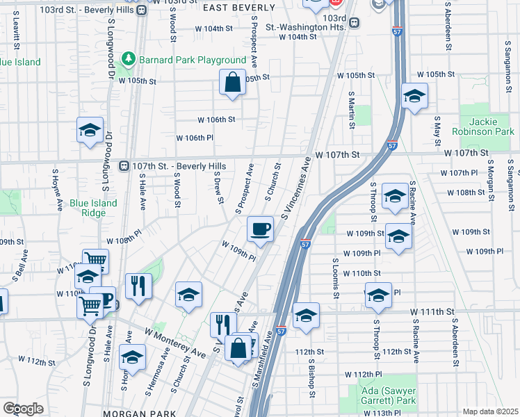 map of restaurants, bars, coffee shops, grocery stores, and more near 10822 South Church Street in Chicago