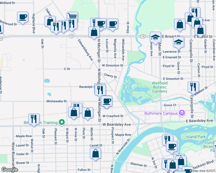 map of restaurants, bars, coffee shops, grocery stores, and more near 1123 Edwardsburg Avenue in Elkhart