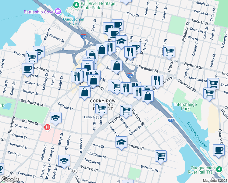map of restaurants, bars, coffee shops, grocery stores, and more near 132 5th Street in Fall River