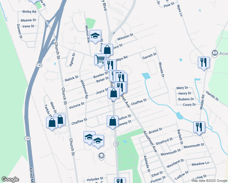 map of restaurants, bars, coffee shops, grocery stores, and more near 1013 Victoria Street in New Bedford