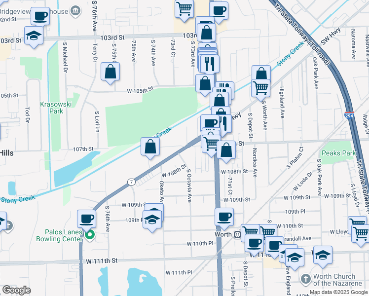 map of restaurants, bars, coffee shops, grocery stores, and more near 4600 Illinois 7 in Worth