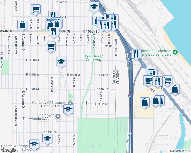 map of restaurants, bars, coffee shops, grocery stores, and more near 10905 South Avenue D in Chicago