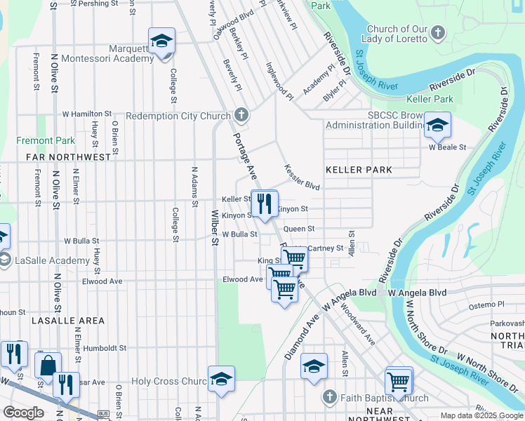 map of restaurants, bars, coffee shops, grocery stores, and more near 1637 Portage Avenue in South Bend