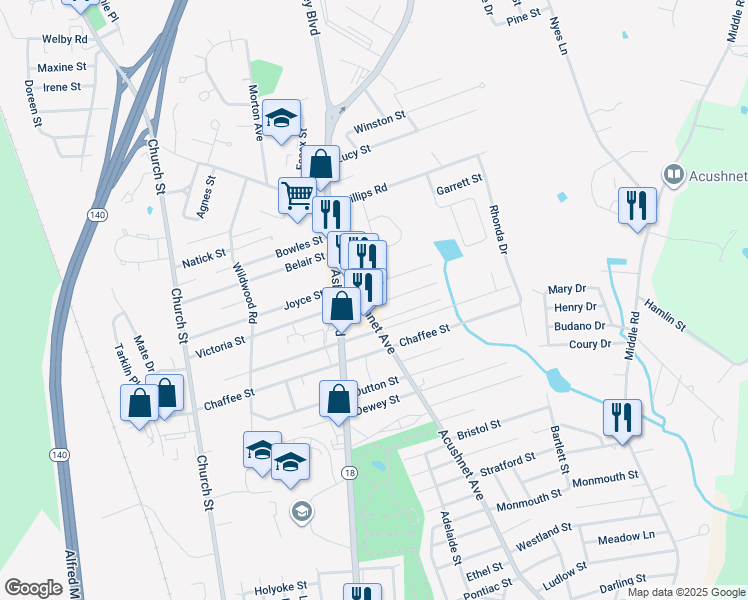 map of restaurants, bars, coffee shops, grocery stores, and more near 2834 Acushnet Avenue in New Bedford