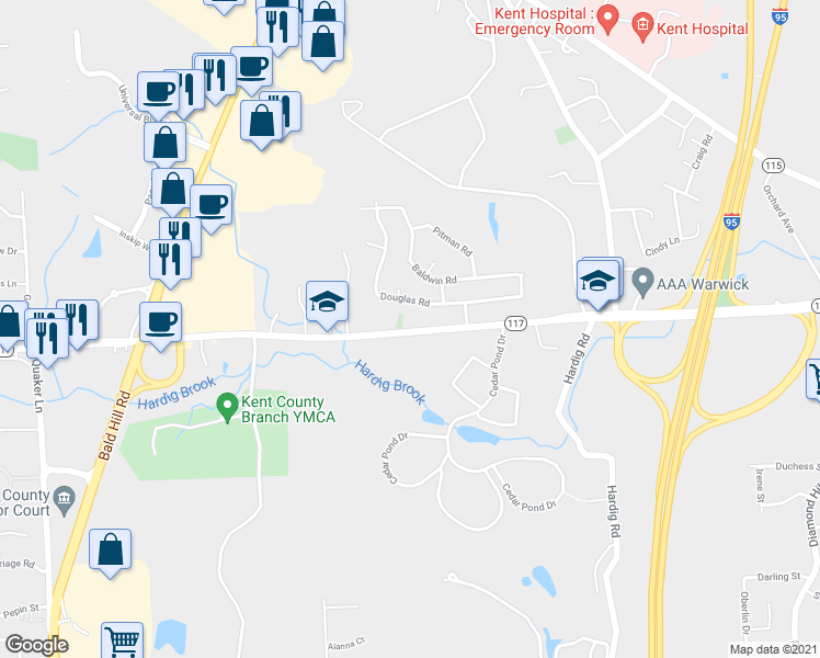 map of restaurants, bars, coffee shops, grocery stores, and more near 741 Centerville Road in Warwick