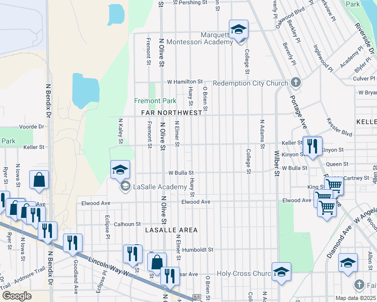 map of restaurants, bars, coffee shops, grocery stores, and more near 1647 Huey Street in South Bend