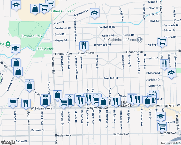 map of restaurants, bars, coffee shops, grocery stores, and more near 4327 Parrakeet Avenue in Toledo