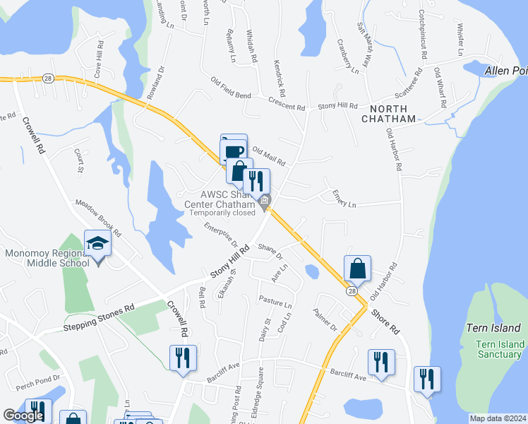 map of restaurants, bars, coffee shops, grocery stores, and more near 235 Orleans Road in Chatham
