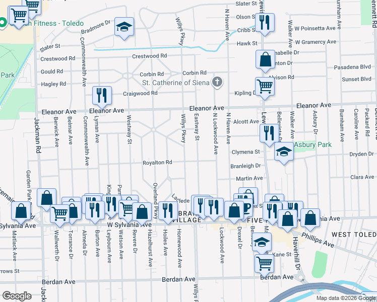 map of restaurants, bars, coffee shops, grocery stores, and more near 4322 Willys Parkway in Toledo