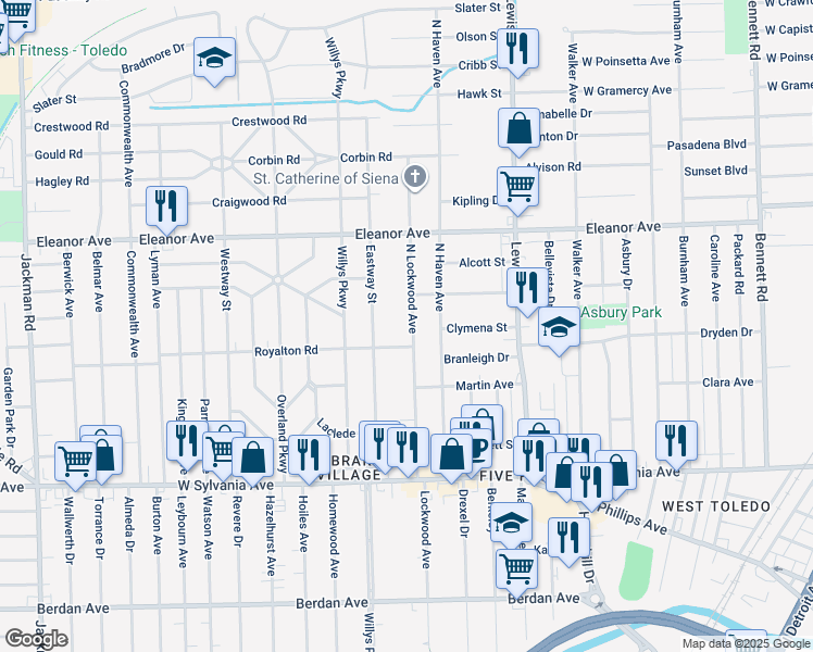 map of restaurants, bars, coffee shops, grocery stores, and more near 4308 North Lockwood Avenue in Toledo