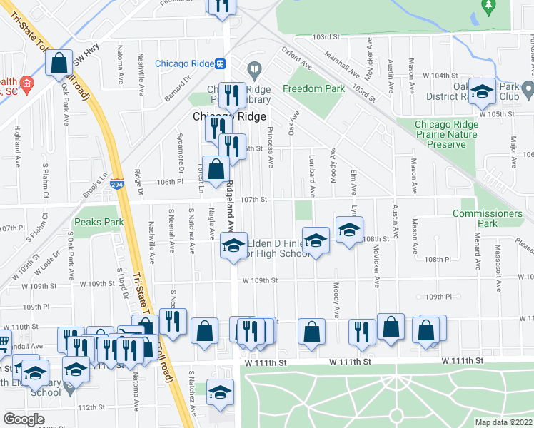map of restaurants, bars, coffee shops, grocery stores, and more near 10712 Princess Avenue in Chicago Ridge