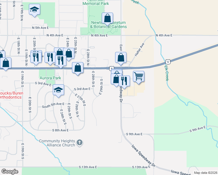 map of restaurants, bars, coffee shops, grocery stores, and more near 2905 South 3rd Avenue East in Newton