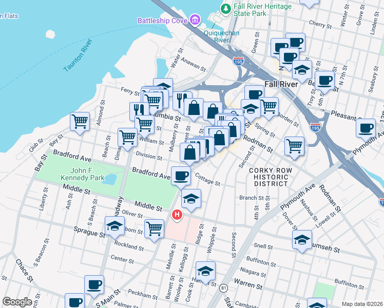 map of restaurants, bars, coffee shops, grocery stores, and more near 140 Grant Street in Fall River
