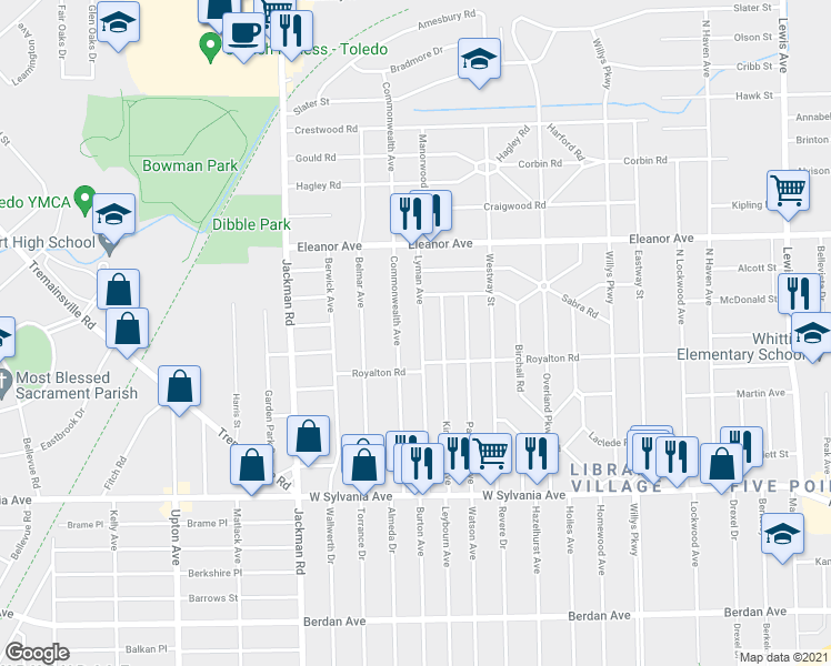 map of restaurants, bars, coffee shops, grocery stores, and more near 4331 Lyman Avenue in Toledo