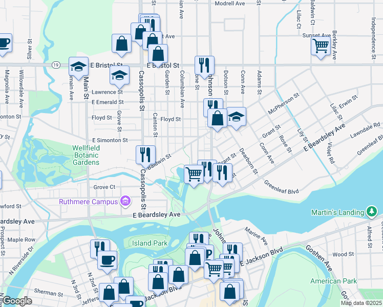 map of restaurants, bars, coffee shops, grocery stores, and more near Garland St in Elkhart