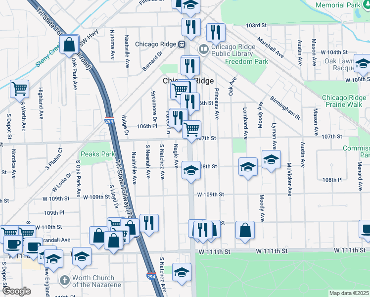 map of restaurants, bars, coffee shops, grocery stores, and more near 10711 Nagle Avenue in Worth