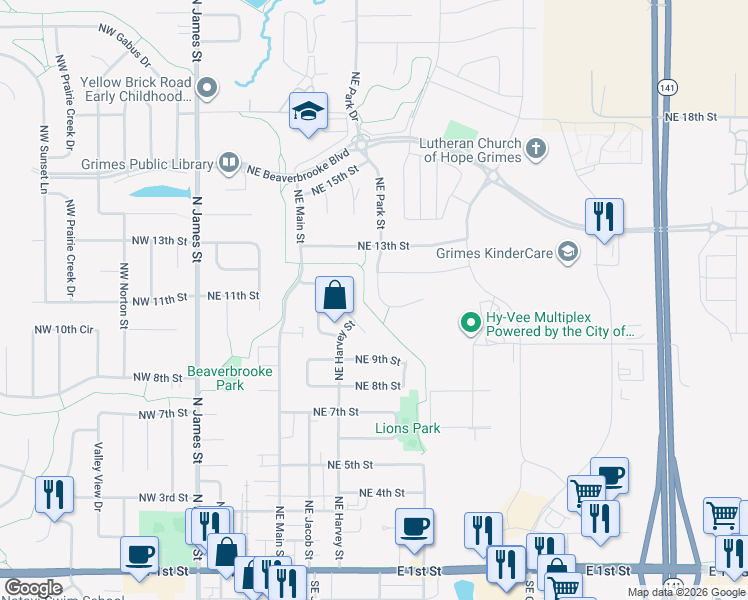 map of restaurants, bars, coffee shops, grocery stores, and more near 1108 Northeast Park Street in Grimes