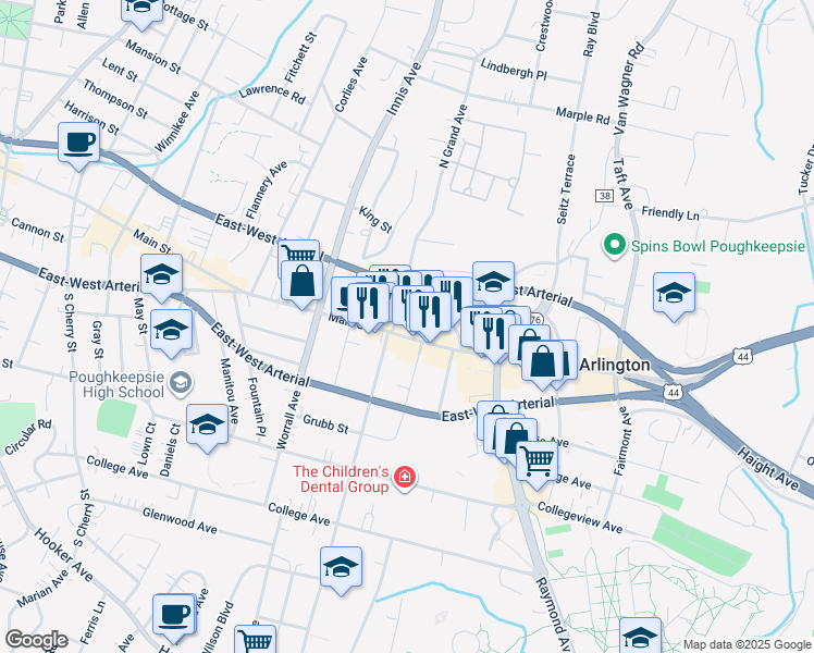 map of restaurants, bars, coffee shops, grocery stores, and more near 743 Main Street in Arlington