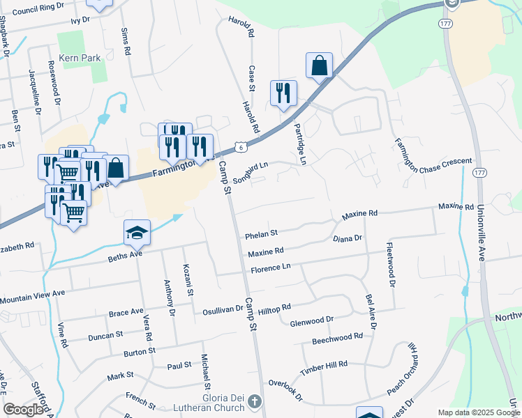 map of restaurants, bars, coffee shops, grocery stores, and more near 22 Junior Road in Farmington