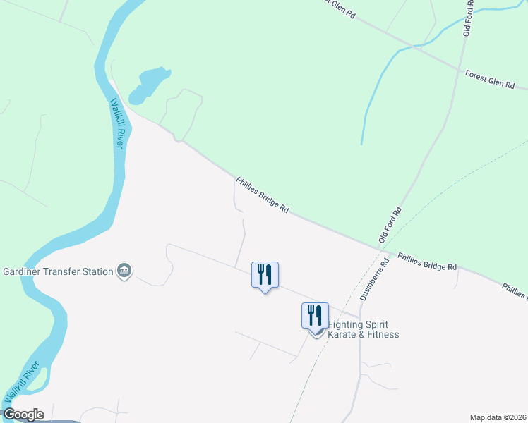 map of restaurants, bars, coffee shops, grocery stores, and more near 168 Phillies Bridge Road in New Paltz