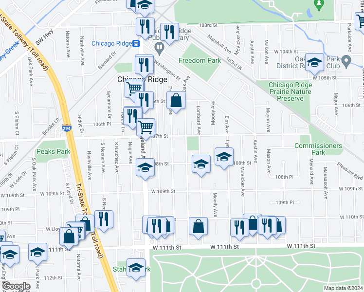 map of restaurants, bars, coffee shops, grocery stores, and more near 10716 Oak Avenue in Chicago Ridge