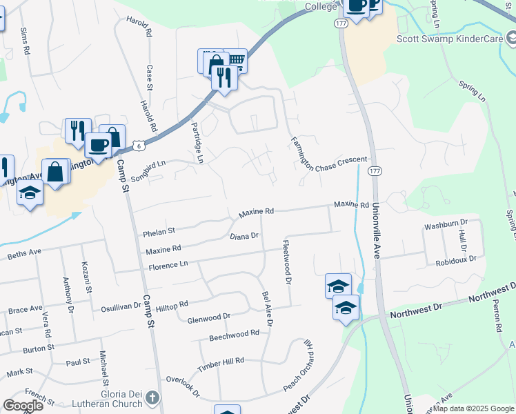 map of restaurants, bars, coffee shops, grocery stores, and more near 41 Maxine Road in Plainville