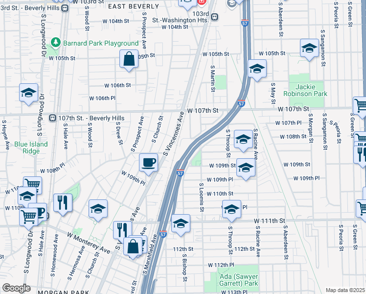 map of restaurants, bars, coffee shops, grocery stores, and more near 10817 South Bishop Street in Chicago
