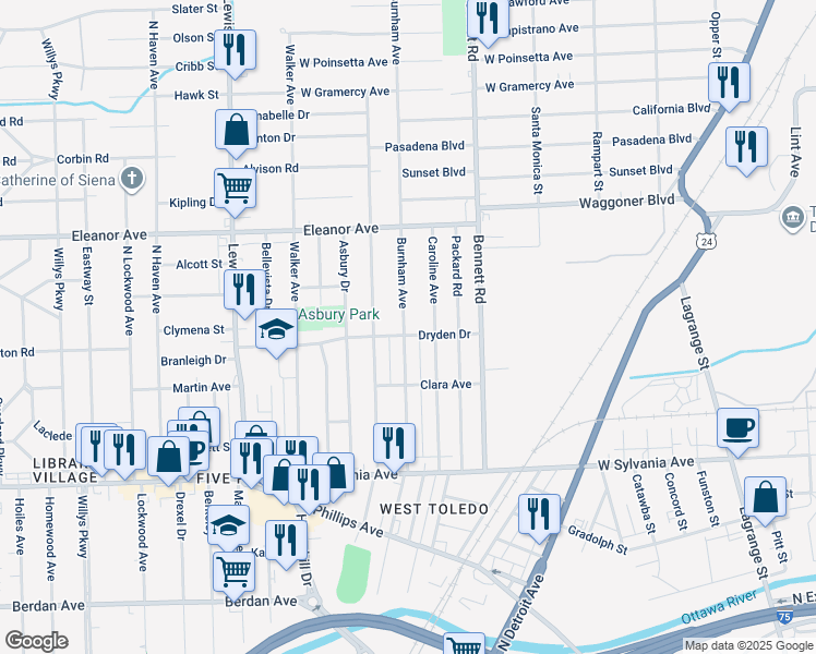 map of restaurants, bars, coffee shops, grocery stores, and more near 4302 Burnham Avenue in Toledo