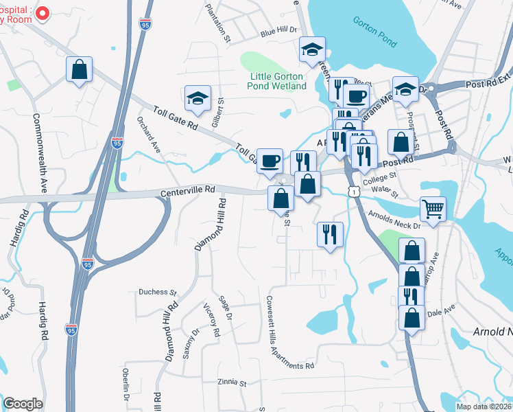 map of restaurants, bars, coffee shops, grocery stores, and more near 28 Drum Rock Avenue in Warwick