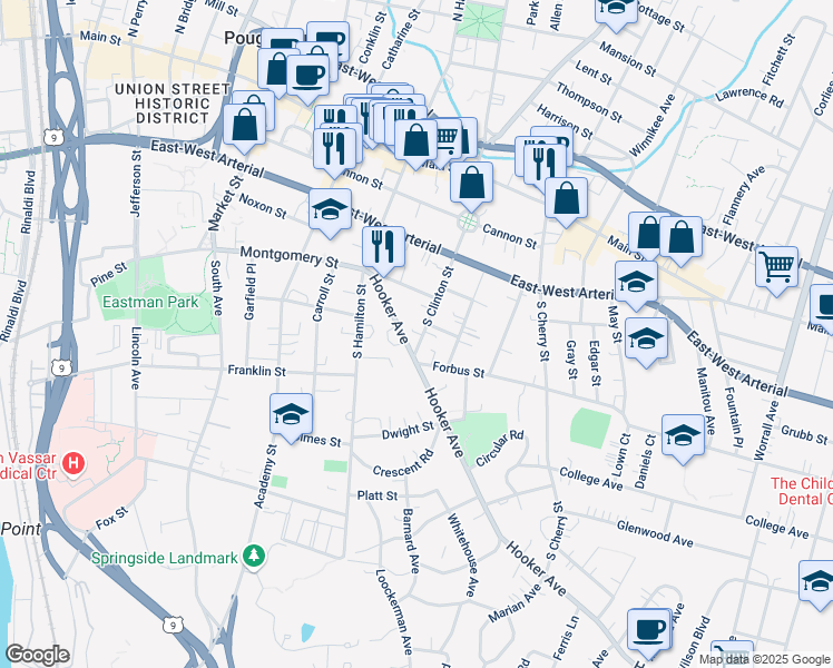 map of restaurants, bars, coffee shops, grocery stores, and more near 60 South Clinton Street in Poughkeepsie