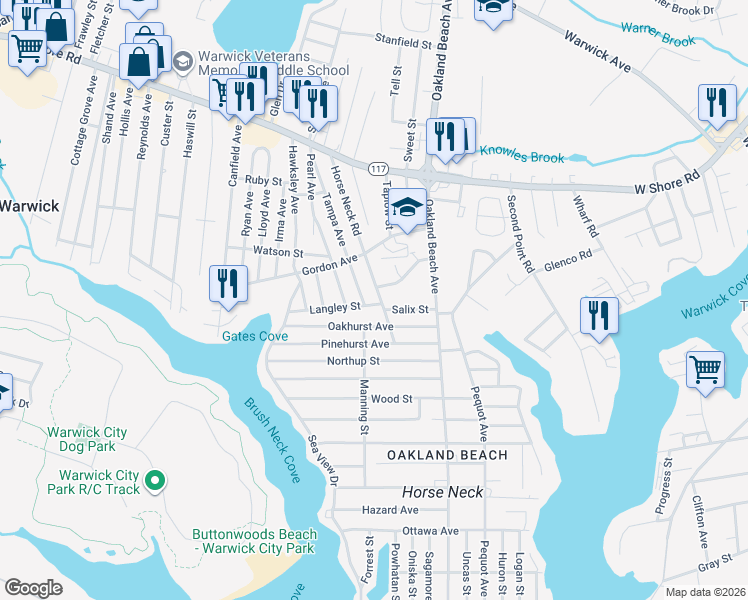 map of restaurants, bars, coffee shops, grocery stores, and more near 3 Langley Street in Warwick
