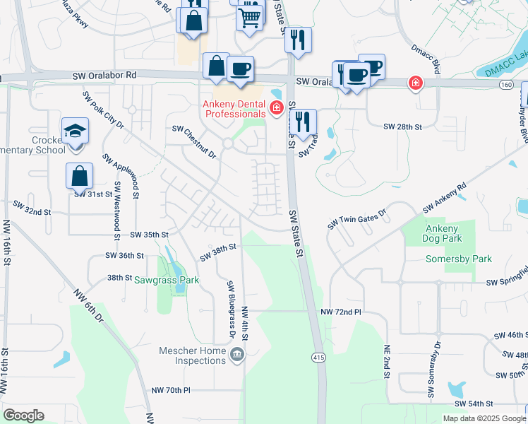 map of restaurants, bars, coffee shops, grocery stores, and more near 3181 Southwest Sharmin Lane in Ankeny