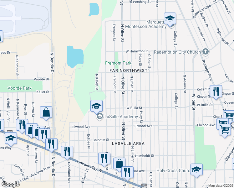 map of restaurants, bars, coffee shops, grocery stores, and more near 1650 Fremont Street in South Bend