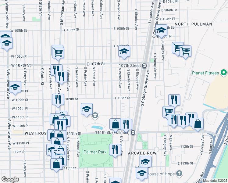 map of restaurants, bars, coffee shops, grocery stores, and more near 10837 South King Drive in Chicago